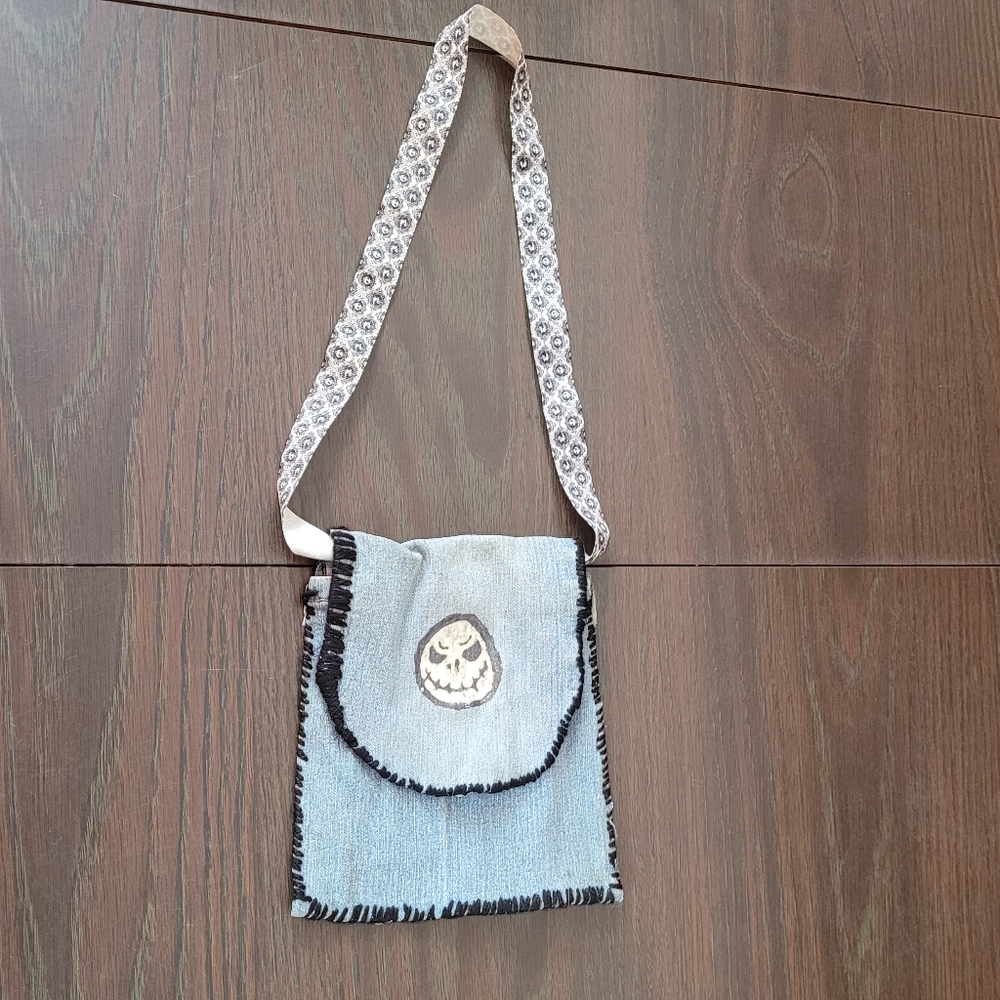 Handpainted Jack Skellington inspired upcycled jean purse